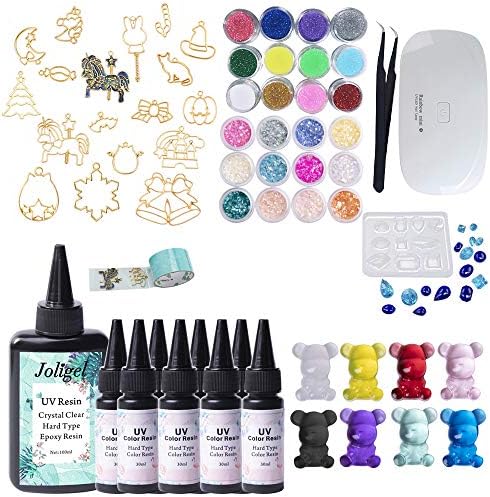 100ML Transparent UV Epoxy Resin + 8x30ml Color Resin Multi-Colored + 17 Open Back Bezels Frames & 1 Mold for Pendants Earrings Necklaces Jewelry Making + 24 Holographic Glitter & Nacre Pieces + Lamp by VidaRosa