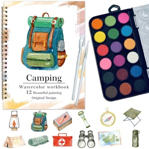 Watercolor Workbook, Water Coloring Book, 12 Different Patterns of Original DIY Designs, 18 Colors Watercolor Paint Set, Beginner-Friendly Watercolor Workbooks (Camping), Perfect Gifts for Adults by Unknown