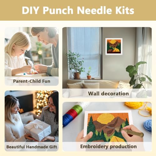 DOODLREAM Camping Bear Needle Kit for Beginner, 9.4"x 9.4" Mountain Tent Punch Stitching Craft Set, DIY Embroidery Starter with Printed Frame, Instruction, Threader, Yarn, Pinch Needle - Image 4