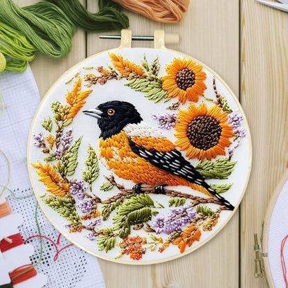 FRANDEK DIY Sunflower Bird Stamped Embroidery Kit with Hoop for Adults - Image 3