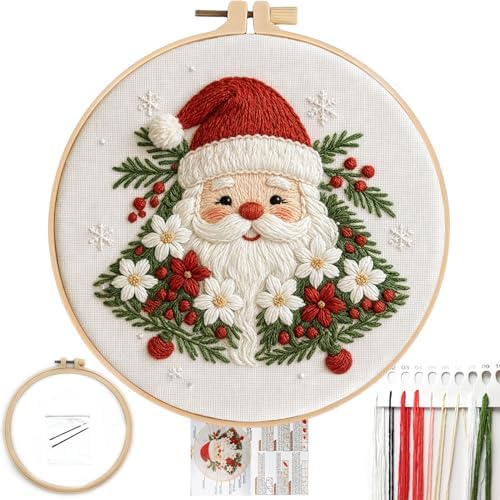 FONNUY Cute Christmas Embroidery Kit for Beginners, Festive Winter Pre-Printed Pattern & Supplies Set for Adults, DIY Handmade Needlepoint Kits Wall Art, 8'' Hoop (Santa Claus) by FONNUY