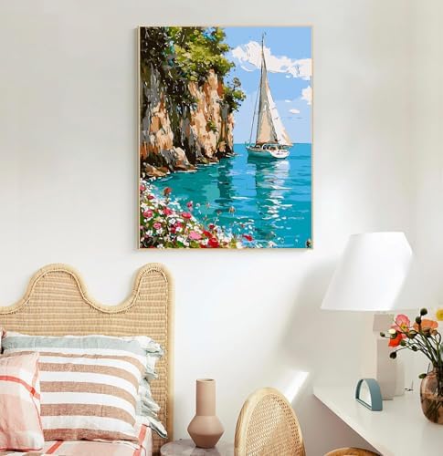 Mrnsiet Sailboat DIY Paint by Numbers for Adults, Coastal Sail Boat Paint by Number for Beginners, DIY Landscape Painting by Number Kits Oil Paint Drawing Canvas Home Decor 16x20 Inch - Image 5