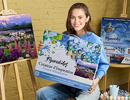 Figured'Art Paint by Numbers Kit for Adults with Frame Flowers and Lake Near The Mountain 16"x20" - Craft Art Painting DIY Kit Canvas Already Stretched on a Wooden Frame - Image 2