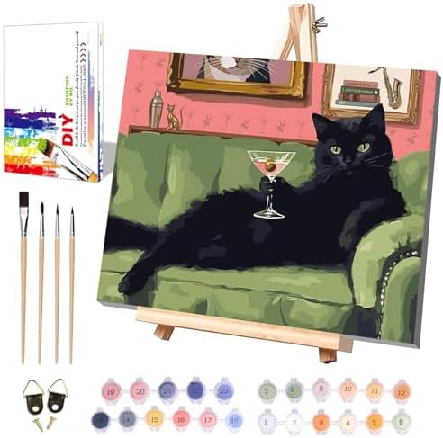 Black Cat Paint by Numbers for Adults with Framed Canvas - Wooden Easel by xackcme