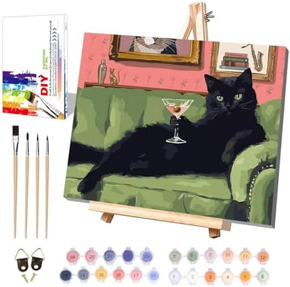Black Cat Paint by Numbers for Adults with Framed Canvas - Wooden Easel by xackcme