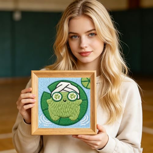 INFUNLY Fun Frog Punch Needle Kit for Adults Lotus Leaf Punch Needle Embroidery Kits for Beginners 9.4×9.4inch DIY Punch-Stitching Kit with Instruction Threader Needles Square Frame for Wall Decor - Image 7