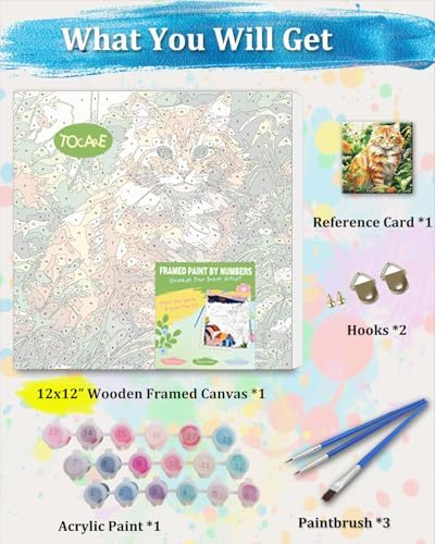 TOCARE Framed Paint by Numbers Kit for Adults Beginners,12x12inch Orange Cat Paint by Number with Frame,Easy Cat Paint by Numbers Framed Canvas (Without Easel) - Image 3