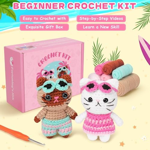 Fortuning's JDS Crochet Kit for Beginners, Couple Cat Crochet Kit for Beginners Adults Kids, Crochet Cat Kit with Step-by-Step Video Tutorials, Creative Handmade Crochet Gifts for Cat Lovers - Image 6
