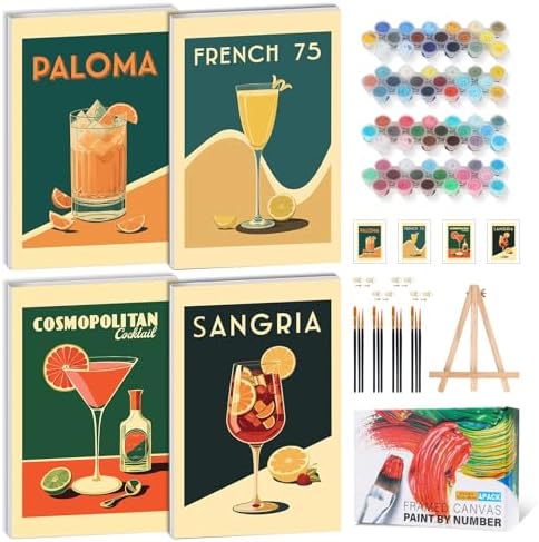 4 Pack Framed Paint by Numbers Kit for Adults, Retro Cocktail , 8 x 12 Inch by GEEHEIY