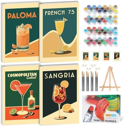 4 Pack Framed Paint by Numbers Kit for Adults, Retro Cocktail , 8 x 12 Inch by GEEHEIY
