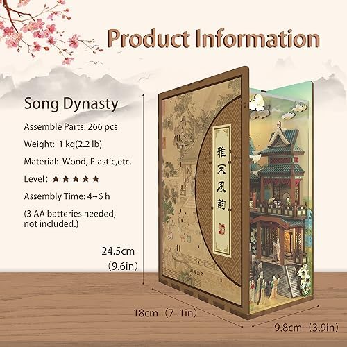 Tonecheer DIY Book Nook Kit for Adults, Wooden 3D Puzzle Bookend Bookshelf Insert Decor, Chinese Booknook Miniature House Kit with Dust Cover and Body Motion Sensor LED (Song Dynasty Culture) - Image 4