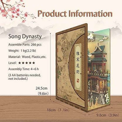 Tonecheer DIY Book Nook Kit for Adults, Wooden 3D Puzzle Bookend Bookshelf Insert Decor, Chinese Booknook Miniature House Kit with Dust Cover and Body Motion Sensor LED (Song Dynasty Culture) - Image 4