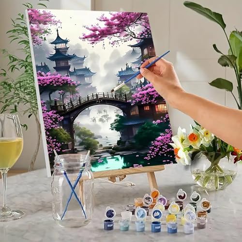 MaiMMaledy Paint by Numbers Kit 8Lx12W inch for Adults Beginners Canvas Pictures with Framed Drawing Painting Acrylic Pigment with Wooden Triangle Easel Flower Tower - Image 2
