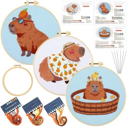 Mindsoft 3 Set Needlepoint Kit for Beginners with Hoop,Capybara by Mindsoft