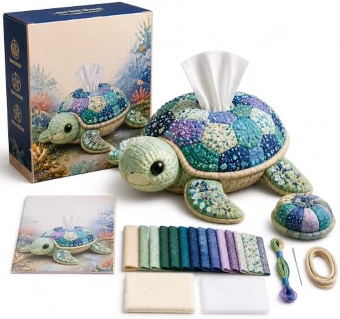 Saiiko Tissue Box Cover DIY Sewing Kit, Boho Fabric Patchwork Craft Kit for Adults Beginners, Beach Home Decor for Nightstand, End Table and Desk (Blue Turtle) by Saiiko