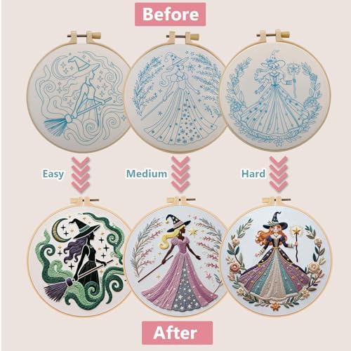 Embroidery Kit for Adults, Pre-Stamped Pattern Embroidery Kit for Beginners, Hand Needlepoint Starter Kit with Hoop Thread Needle Instruction, 7.9'' Hoop (Witch 3 Packs) - Image 2