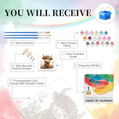 Framed Paint by Numbers Kit for Adults Beginner, Highland Cow Easy Paint by Numbers with Frame, Highland Cow Acrylic Adult Painting by Number Kits on Canvas Framed for Gift Home Decor 12x12 Inch - Image 4