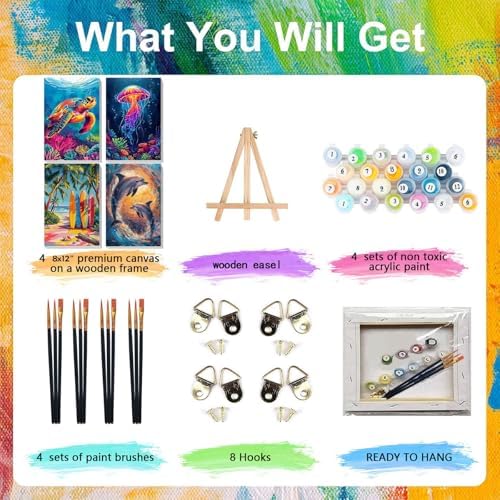 4 Pack Beach Paint by Numbers for Adults with Framed Canvas - Wooden Easel - Image 4
