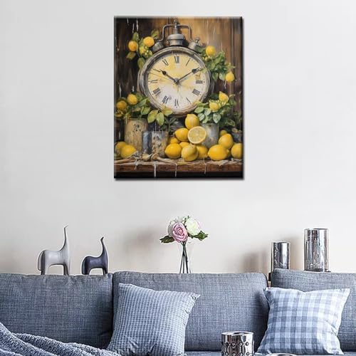 Farmhouse Kitchen Clock with Lemons Oil Painting Paint by Number Kits 16 x 20 inch Canvas Rustic Painting DIY Painting for Kids Students Adults Beginner with Brushes Acrylic Pigment(DIY Frame) - Image 3