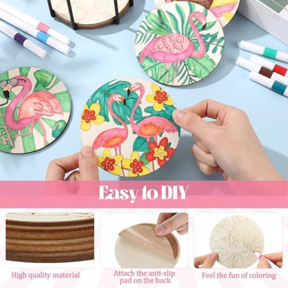 Reallnaive 45 Pcs Flamingo Wooden Coasters Painting Kit, 4 Inch Paint Your Own Summer Coasters with Markers, Summer Arts and Crafts for Adults Women Seniors Elderly Crafters - Image 4