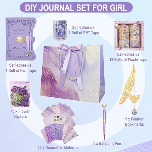 Diy Junk Journal Kit, Scrapbook Supplies Kit Includes B6 Diary with Lock and Key Flower Stickers Tape Roller, Stationary Diary Supplies Birthday Craft Gifts for Scrapbookers, Purple - Image 2