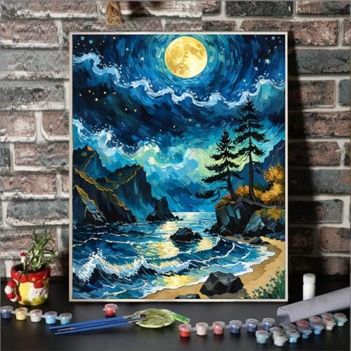 Lovepefe Seaside Scenery Paint by Numbers Kit for Adults Beginner Moon Adult Paint by Number Kits On Canvas Adults Beach Night View Oil Painting Kits for Gift Home Wall Decor 16x20 Inch - Image 2