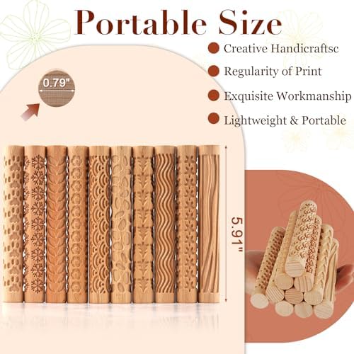 Lzttyee Wooden Handle Pottery Tools Clay Modeling Pattern Rollers, Brown - Image 2