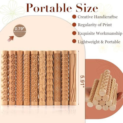 Lzttyee Wooden Handle Pottery Tools Clay Modeling Pattern Rollers, Brown - Image 2