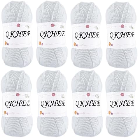 QKHEEYarn for Crocheting and Knitting 8 * 1.76 Oz (50G) /195yd,Fine/Fingering Weight (1), 60% Cotton 40% Acrylic Soft Yarn kit for Making Granny Squares and amigurumi (White) by QKHEE