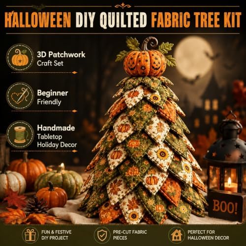 Muhubaih DIY Halloween Christmas Quilted Fabric Tree Kit, 3D Padded Patchwork Sewing Craft Kit for Beginners, Home Office Mantel Shelf Tabletop Decor, Handmade Holiday Gift for Craft Lovers - Image 2
