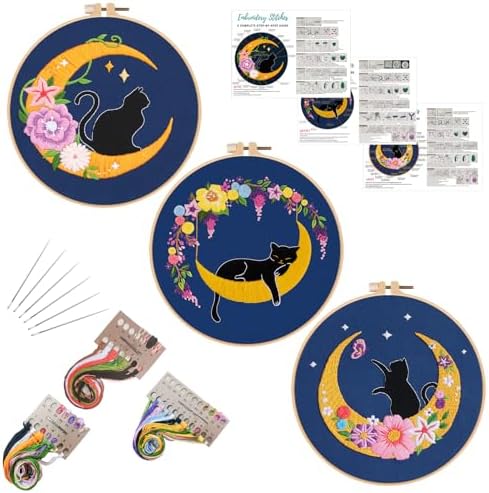 Louise Maelys 3 Set Cat Moon Embroidery Kit for Beginners Craft by LouiseMaelys