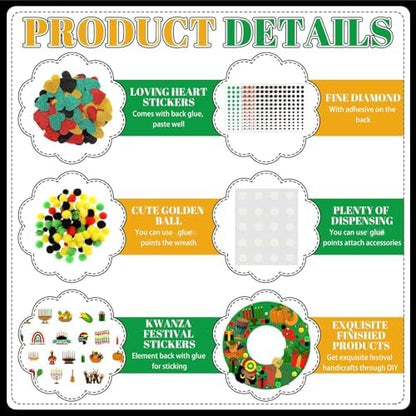 Wavwavw 472 Pcs Kwanzaa DIY Wreath Craft Kit Kwanzaa Arts Decorations with Candle Drum Elephant Heart Stickers for African American Indoor Outdoor Home Party Favors - Image 5