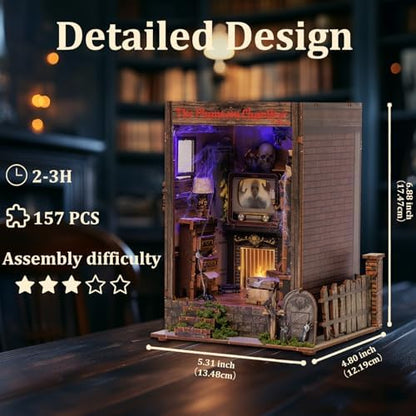 Book Nook Kit,DIY 3D Wooden Miniature Dollhouse Kit Gifts for Adults,The Phantom Chamber Haunted House Booknook with LED Light - Image 3