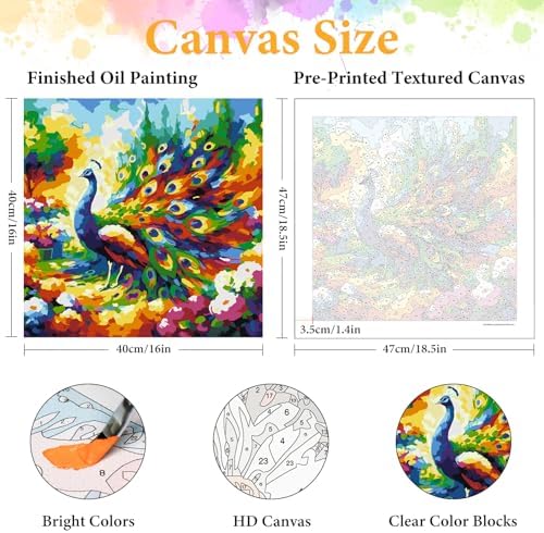 Paint by Numbers Kit for Adults, Peacock & Flower Design, 16x16 Inch - Image 2