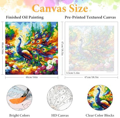 Paint by Numbers Kit for Adults, Peacock & Flower Design, 16x16 Inch - Image 2