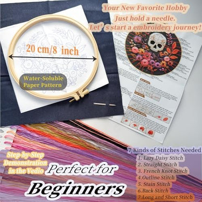FONNUY Halloween Embroidery Kits for Beginners,Skull Pumpkin Spider Web Floral Stamped Cross Stitch Kit for Adults, Spooky Season Boho Wall Decor, 8'' Hoop (Skull 3) - Image 5