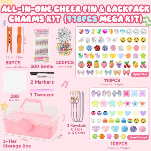 978Pcs 2-in-1 Cheer pins & Bag Charm Kit with 3-Tier Box, DIY Spirit Clips, 50 Wooden Cheer Clothes Pins, 3 Beaded Keychains, Clothespin Decorating Kit for Dance Volleyball Team Cheerleader Gifts Bulk - Image 2
