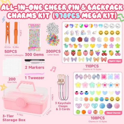 978Pcs 2-in-1 Cheer pins & Bag Charm Kit with 3-Tier Box, DIY Spirit Clips, 50 Wooden Cheer Clothes Pins, 3 Beaded Keychains, Clothespin Decorating Kit for Dance Volleyball Team Cheerleader Gifts Bulk - Image 2