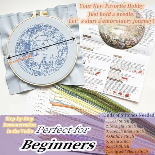 FONNUY Embroidery Kit for Beginners, Cute Hedgehog Stamped Embroidery Patterns Kits for Adults with Hoop, Easy to Follow Sewing Thread Needlework, 8'' Hoop (Adorably Spiky) - Image 5