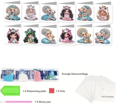 jinglinhh 12pcs Diamond Art Painting Little Girl Bear Greeting Cards with Envelopes, DIY Card Making Kits for Adults, Diamond Art Postcards Christmas Cards Craft Gifts - Image 3