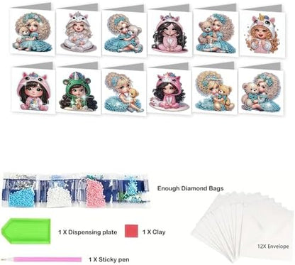 jinglinhh 12pcs Diamond Art Painting Little Girl Bear Greeting Cards with Envelopes, DIY Card Making Kits for Adults, Diamond Art Postcards Christmas Cards Craft Gifts - Image 3