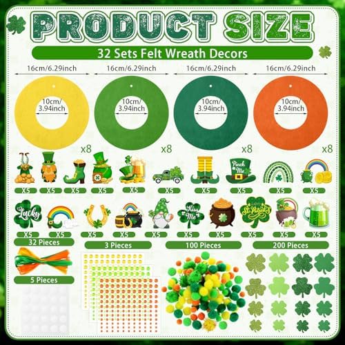 472 Pcs St. Patrick's Day Craft Kits Irish DIY Wreath Craft Kit St. Patrick's Day Wreath Arts Decorations with Lucky Shamrocks Leprechauns Gnome Stickers for Irish Indoor Outdoor Home Party Favors - Image 3