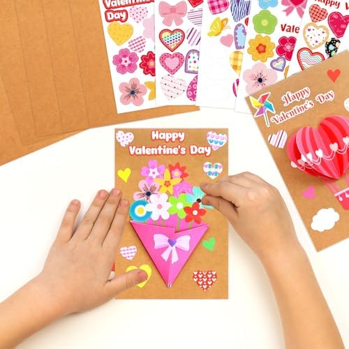 ceiba tree Valentine's Day Crafts for Kids Cards Making Kits 12 Pcs DIY 3D Hot Air Balloon Bouquet Greeting Card with Cutouts Sticker and Envelopes Bulk for Classroom Activities Party Favors - Image 4