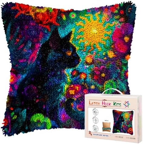 A Black Cat in Abstract Flowers DIY Latch Hook Pillow Kits for Adults Printed Pillowcase Crochet Yarns Hooking Handmade Pillow Cover Cushion for Home Sofa Decoration 17x17inch by Unknown