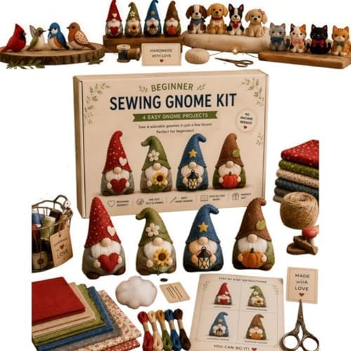 Sewing Kit for Beginners, DIY Felt Sewing Craft Kit with Pre-Cut Fabric & Instructions, Handmade Plush Animal Craft Set for Adults & Teens (gnome) by Unknown