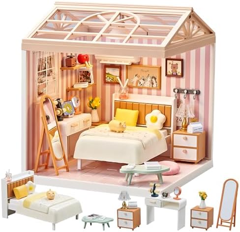 DIY Miniature Bedroom Kit, 82Pcs Cozy Dollhouse Room with LED Light by Qudify