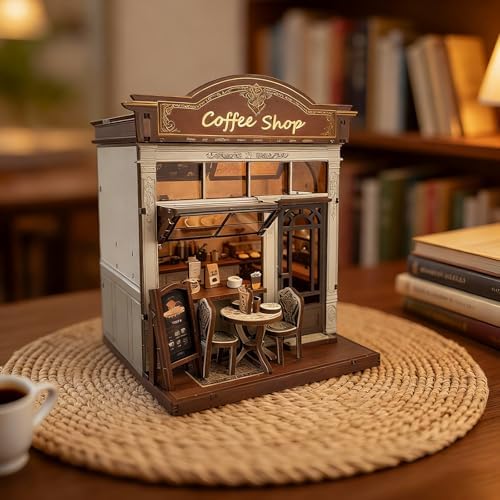 3D Wooden Coffee Shop Book Nook Kit - DIY Miniature Model with LED Lights, 143 Precision-Cut Pieces for Adults & Teens (1:24 Scale, Stress Relief Craft Gift) - Image 2