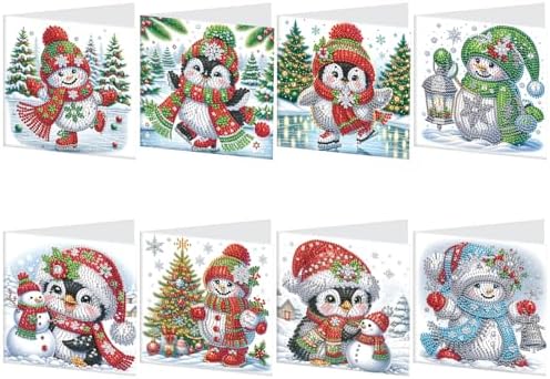 8pcs Christmas Diamond Painting Greeting Cards Christmas snowman & penguin, for Blessings and Wishes, Special Shape Crystal Partial Mosaic Making Craft, Paper Material, DIY Gifts for Holiday by MVVMTOP