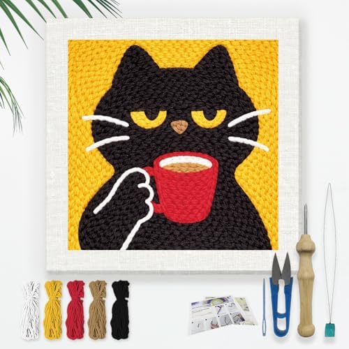 DOODLREAM Cat Drinking Coffee Needle Kit for Beginner, 9.4"x 9.4" Cute Black Cat Punch Stitching Craft Set, Color DIY Embroidery Starter with Printed Frame, Instruction, Threader, Yarn, Pinch Needle by Doodlream