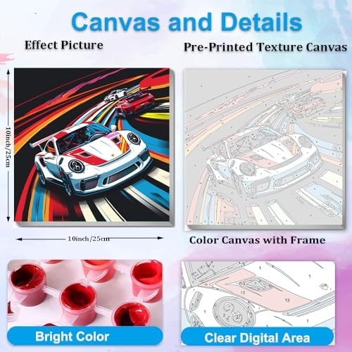 Artunion Framed Paint by Numbers Kit for Adults Beginners & Kids Ages 8-12,Racing Car Paint by Number with Frame,Car Lovers Paint by Numbers Kit on Canvas 10 * 10 Inch Without Easel - Image 3